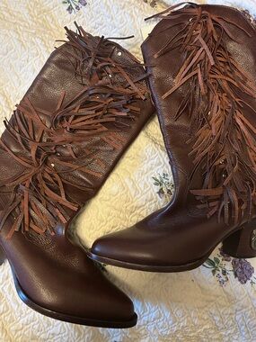 Zodiac Brown Fringe Mid-Calf Heeled Boots